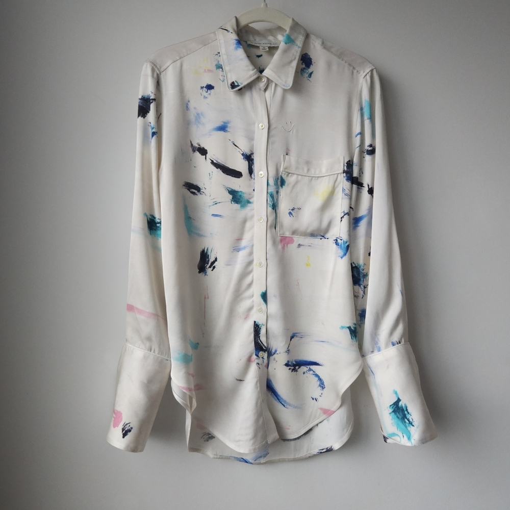 Kerri Rosenthal Silver White Paint Splatter Long Cuff Sleeve Button Down Blouse - Picture 7 of 14